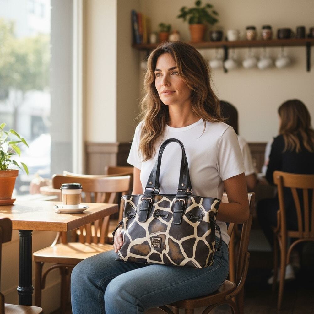 Dooney & Bourke Medium Chiara Leather Satchel Handbag Tote Brown Cream Giraffe - Picture 3 of 14